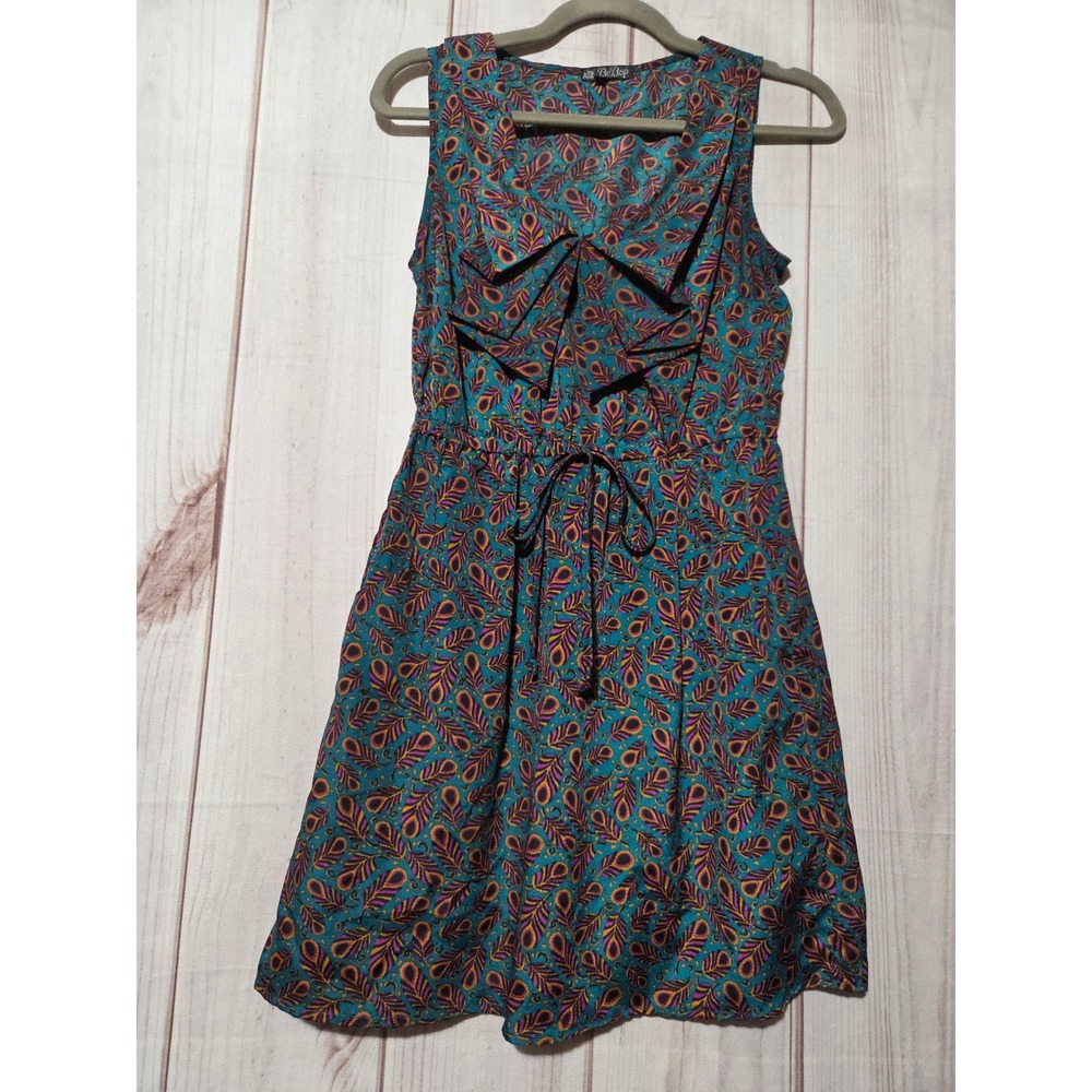 BeBop Womens Teal Peacock Feather‎ Print Ruffle V-Neck Fit & Flare Dress Medium